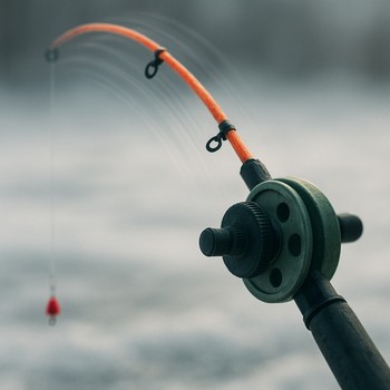 Rod tip moving in a small arc over the dark ice hole