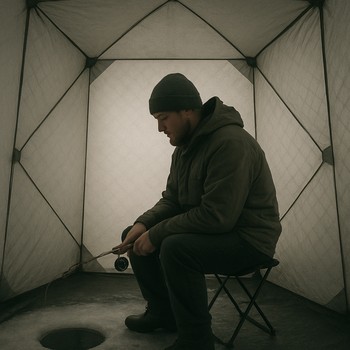 Single angler in a small shelter lit by warm light