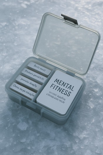 Open tackle box on ice with a few carefully chosen items