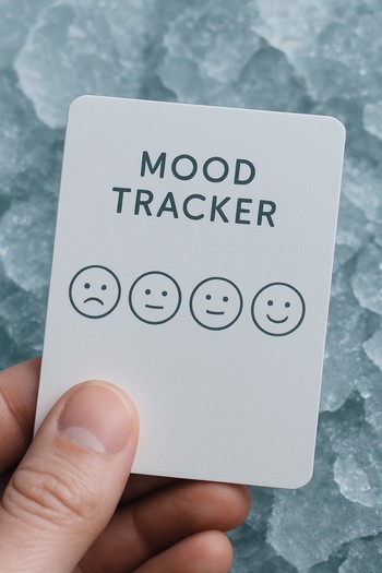 Row of small mood icons from stormy to calm on a card