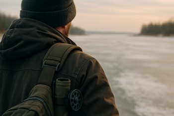 Shoulder close-up with the strap of an ice fishing bag