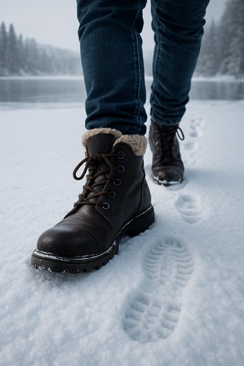 Boot prints leading from the shore onto clean snowed ice