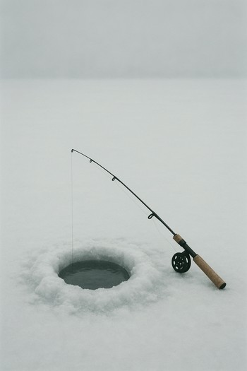 Calm ice hole with rod resting and no visible bite