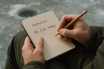 Notebook resting on a knee with simple notes about the day