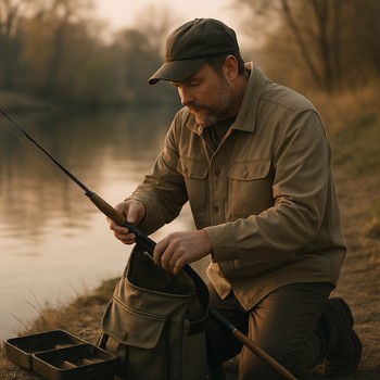 Angler quietly packing gear into a sled at dusk on the ice